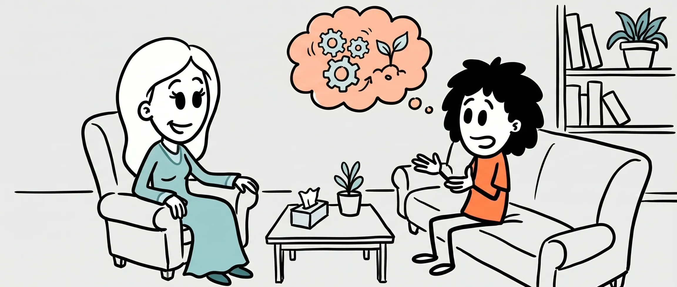 Psykoterapeut og klient i dybdegående samtale i et trygt og professionelt miljø