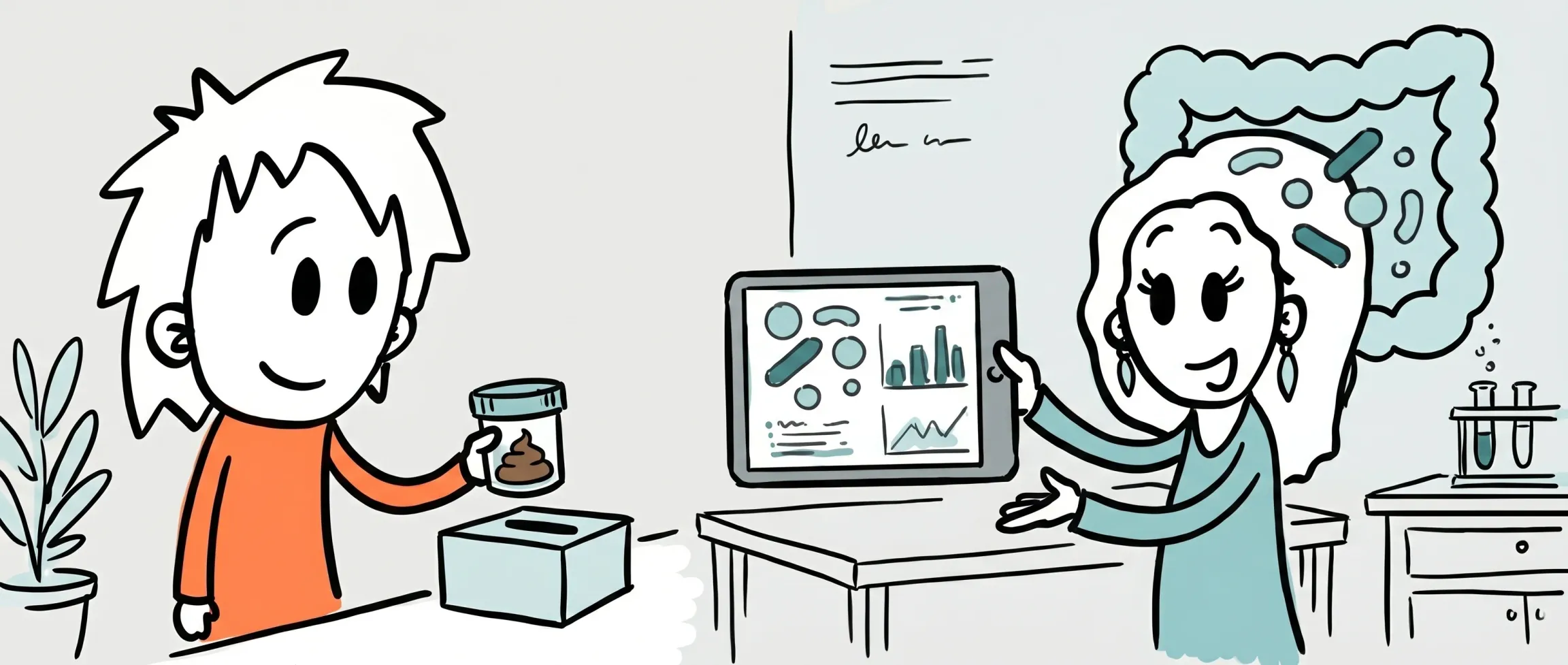 Infografik der viser mikrobiom sundhedstjek proces fra afføringsprøve til analyse og resultater